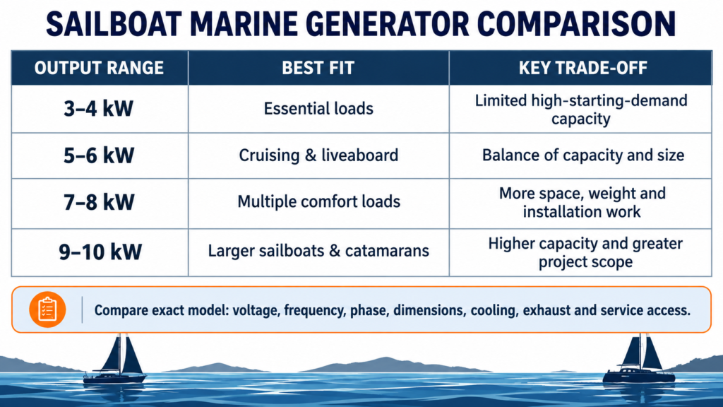 Comparison matrix for 3kW to 10kW sailboat marine generators