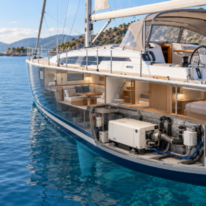 Cutaway yacht showing a quiet marine generator below the cabins