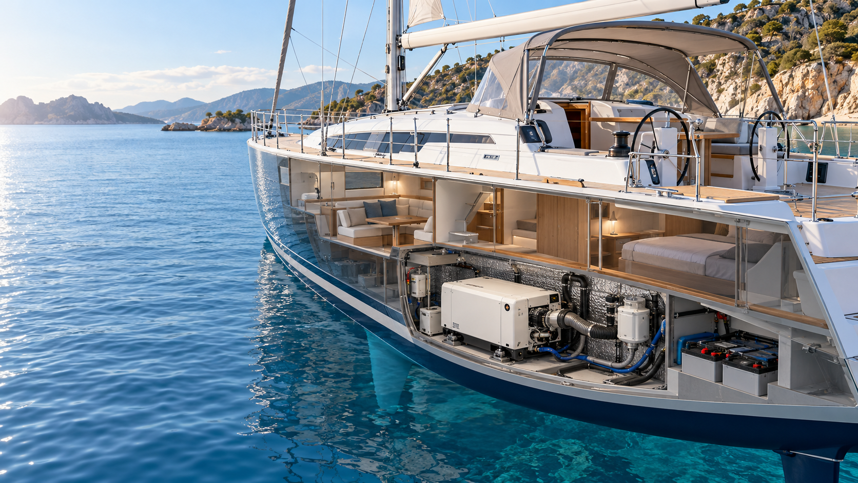 Cutaway yacht showing a quiet marine generator below the cabins