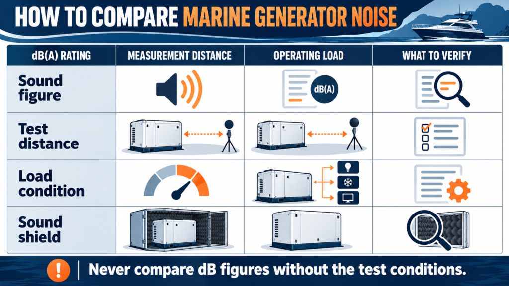 Marine generator noise comparison showing dB rating, distance, load and sound shield