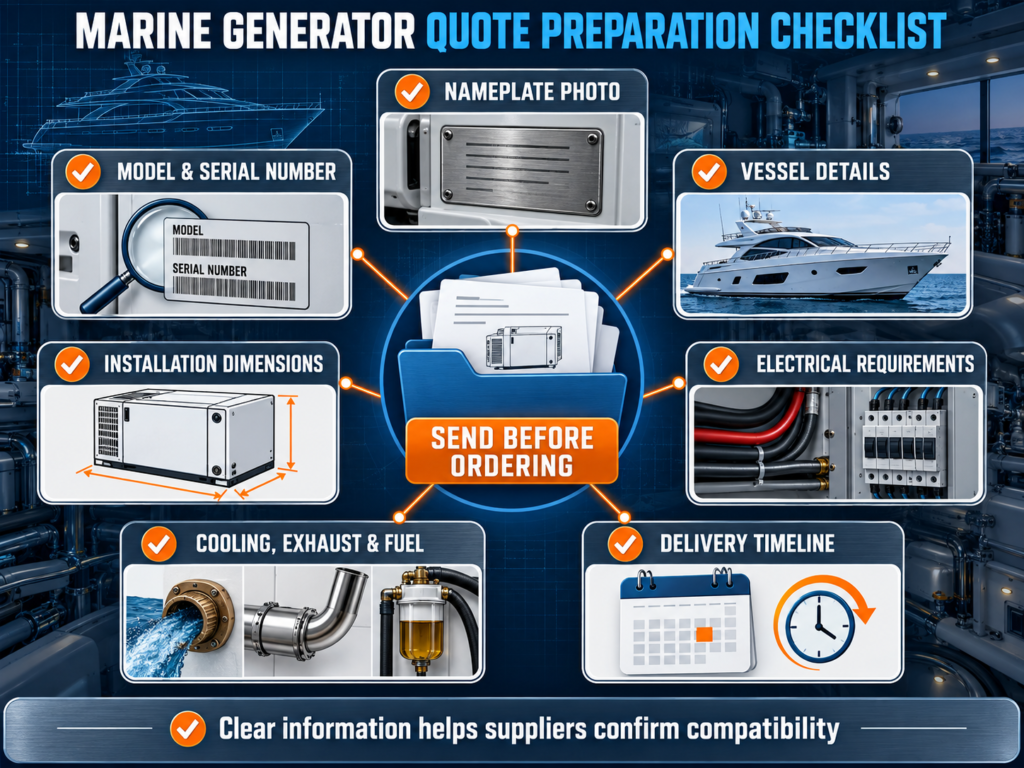 Marine generator quote preparation checklist showing nameplate photo, model number, vessel details, dimensions and electrical requirements