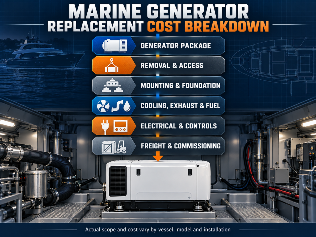 Marine generator replacement cost breakdown showing equipment, removal, mounting, cooling, electrical work, freight and commissioning