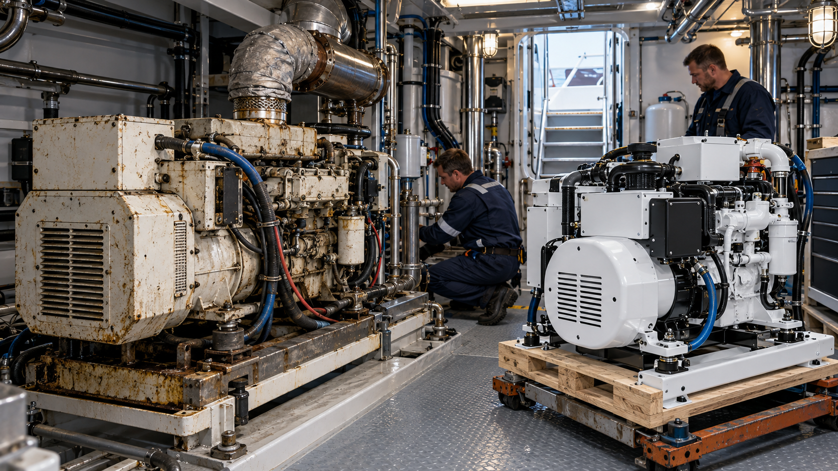 Old marine generator being replaced with a modern replacement genset in a boat engine room