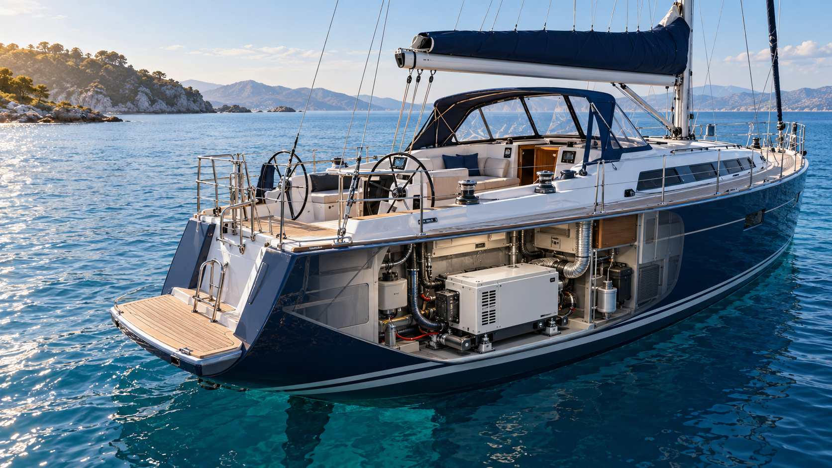 Sailboat with a modern marine generator shown in a technical hull cutaway